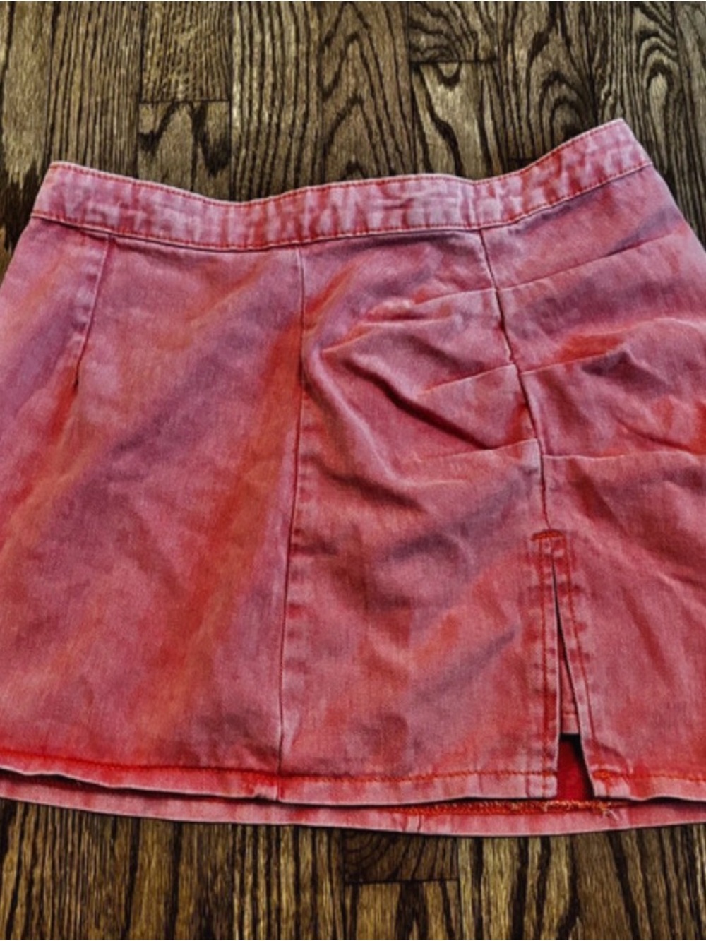 Coral/Orange Acid Wash Denim Side Slit Mini Skirt